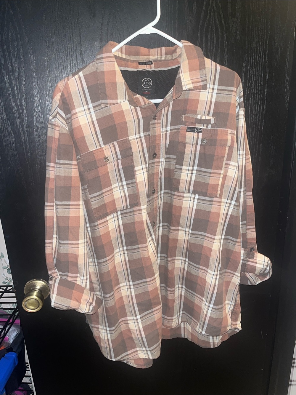 Wrangler Men's Brown and Cream Plaid Button-Down Shirt